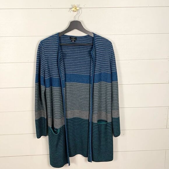 Talbots 100% merino wool striped open front long line cardigan petite small - Picture 1 of 8
